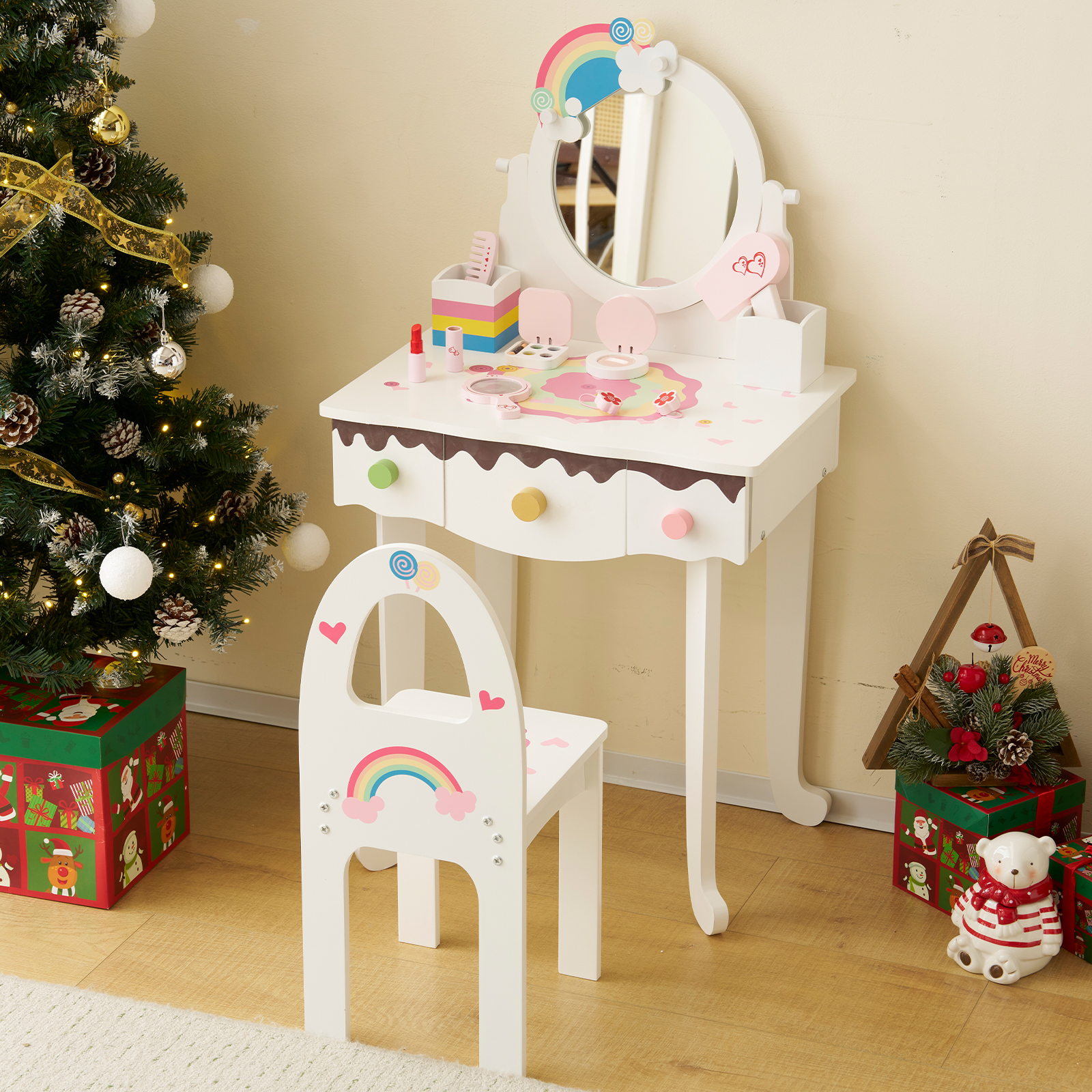Kids Vanity Table and Chair Set with 7pcs Pretend Play Makeup Toys, Girls Vanity with Mirror & Stool, 3 Drawers & Tabletop Storage, Princess Table for Toddlers, White